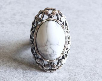 White Marble Turquoise Statement Ring - Antique Silver Filigree Shield, Ajustable Band, Solitaire Rings, Gypsy, Hippie, Howlite, Boho Chic