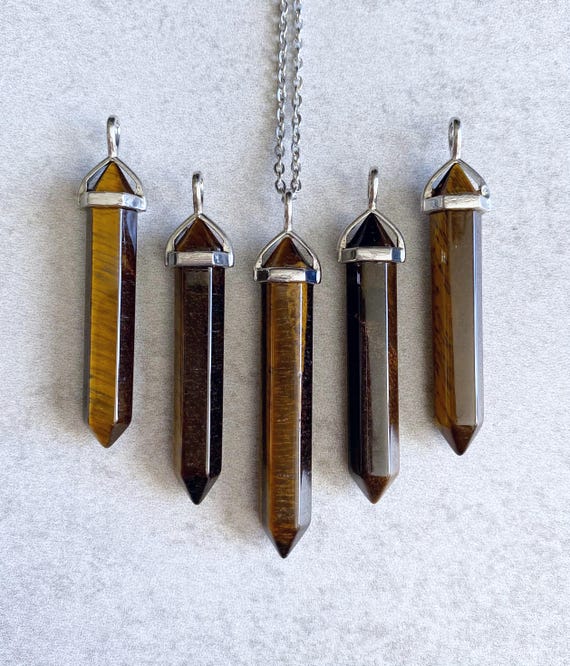 Brown Tiger's Eye Necklace - Gemstone Pendulum Pendant, Terminated Point Crystals, Reiki, Healing, Meditation, Silver Chain, Chakra Jewelry