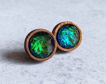 Iridescent Foil Opal x Teak Wood Stud Earrings - Faceted 12mm Blue/Green Cabochons, Wood Settings, Bronze Stud Posts, Mermaid Jewelry