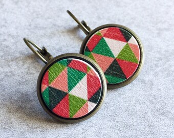 30% OFF: Geometric Wood Earrings - Multi-Color, Rainbow, Antique Bronze Bezels, Leverback Hooks, Triangles, Painted Wood Cabochons, Hipster