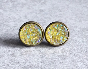 Yellow Druzy Earrings - Quartz Geodes, Antique Bronze Bezel Studs, Gold, Sparkly, Brass, 12mm Stone Cabochons, Iridescent, Boho Chic Studs