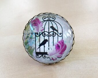 30% OFF: Vintage Birdcage Ring - Antique Bronze Adjustable Band, Lace Edge, 30mm Glass Cabochon, Purple Feathers, Green Flowers, Stamp