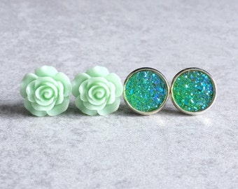 Green Druzy x Rose Stud Earrings, Set of 2 - Sparkly Druzy Cabochons, Mint, Lime, Flowers, 12mm Silver Bezels, Stud Posts, Boho Earring Sets