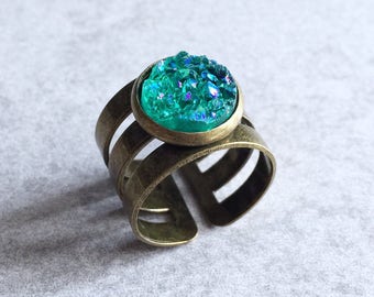 Bronze x Druzy Ring - Teal Green Druzy Cabochon, 12mm Glitter Crystal, Turquoise, Triple Stacking Gypsy Rings, Bridesmaids Gifts, Boho Chic