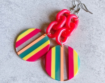 Juicy Fruit Acrylic Link Statement Earrings - Hot Pink Plastic Links, Striped Resin Disc Charms, Yellow, Turquoise, Neon Orange, Colorful
