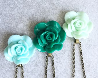 Aqua · Hunter · Mint // Green Rose Necklaces - Antique Bronze Link Chain, 30mm Resin Cabochon, Pastel, Blue, Flowers, Bridesmaid Jewelry