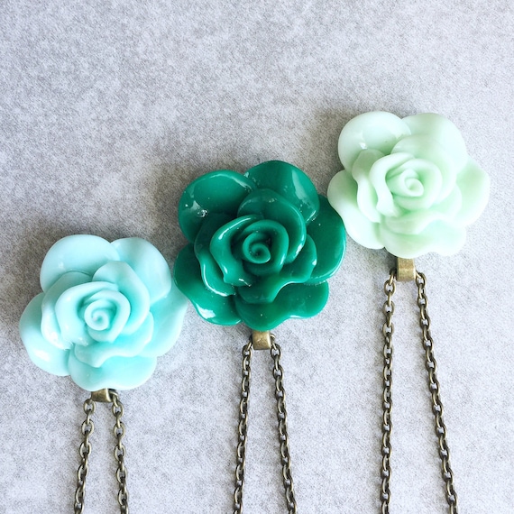 Aqua · Hunter · Mint // Green Rose Necklaces - Antique Bronze Link Chain, 30mm Resin Cabochon, Pastel, Blue, Flowers, Bridesmaid Jewelry