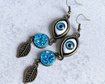 Evil Eye x Druzy Drop Earrings - Blue Glass Eyeballs, Antique Bronze Leaf Charms, Iridescent Glitter Crystals, French Hooks, Bohemian Chic