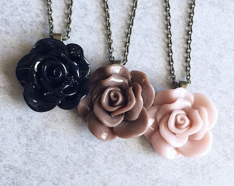 Jet Black · Chocolate Brown · Dusty Mauve // Rose Charm Necklaces - Antique Bronze/Silver Chain, 30mm Resin Cabochon, Bridesmaid Jewelry