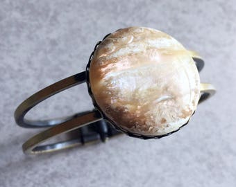 Metallic Jupiter Bangle - Cream, Beige, Ivory, Iridescent, Antique Bronze Bracelet, 30mm Vintage Lucite Cabochon, Galaxy, Planet Jewelry