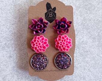 Tie Dye Lotus Flowers · Hot Pink Mums · Metallic Druzy // Floral Stud Earrings, Set of 3 - Stud Posts, Succulents, Garden Party, Barbie Pink