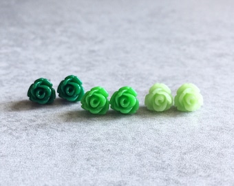Forest · Shamrock · Pistachio // Green Rose Stud Earrings, Set of 3 - Tiny Flowers, Hypoallergenic, Stainless Steel Stud Posts, Mint, Lime