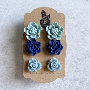 Powder Blue · Navy Blue · Pale Blue // Floral Stud Earrings, Set of 3 - Peonies, Roses, Lotus Flowers, Succulents, Stainless Steel Posts