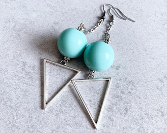 Geometric Mint Gumball Earrings - Silver Triangle Charms, Aqua, Sea Foam Green, Link Chain, Statement Earrings, Modern Jewelry, Pop of Color