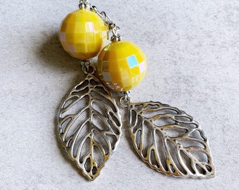 Yellow Gumball x Silver Leaf Drop Earrings - Iridescent, Colorful Acrylic Beads, 3D Leaf Charms, Pop of Color, Lemon, Statement Earrings