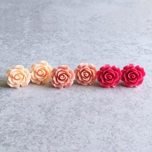 Peach · Coral Pink · Rose Red // Rose Stud Earrings - 20mm Resin Flower Cabochons, Stainless Steel Posts, Shabby Chic, Bridesmaid Jewelry