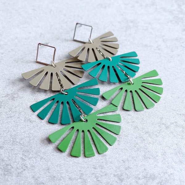 Green Gradient Fan Statement Earrings - Art Deco Metal Charms, Khaki Green, Grey Green, Teal, Emerald, Kelly Green, Ombre, Color Palette