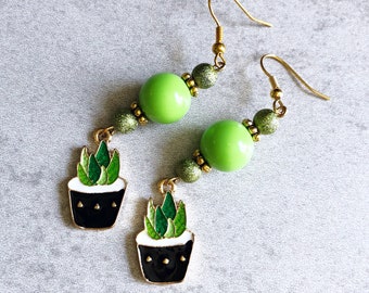 Aloe Vera Succulent Earrings - Beaded Jewelry, Succulents, Cactus, Cactis, House Plants, Sansevieria, Haworthia, Glitter Beads, Gold Hooks