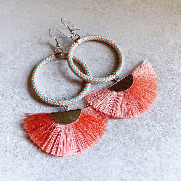 Coral Pink x Mint Green Braided Hoop Earrings - Colorful Statement Earrings, Sea Foam Green, Salmon Pink, Silver Ear Wires, Fan Charms, Boho