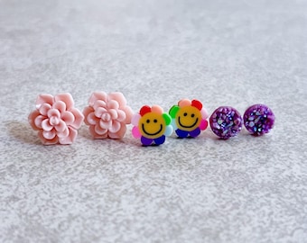 Blush Pink Succulents · Rainbow Smiley Face Daisies · Purple Druzy // Stud Earrings, Set of 3 - 90s Fashion, Sparkly, Stainless Steel Posts