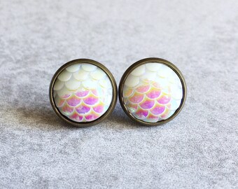 Iridescent Mermaid Scale Stud Earrings - White, Ivory, Rainbow Shimmer, Fishtail, Nautical, Bronze Bezel Trays, Bridesmaid Jewelry & Gifts
