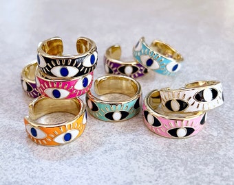 Enamel Stackable Evil Eye Rings - Eyeball Jewelry, Gold Band, Size 8, White, Pink, Purple, Orange, Black, Fuchsia, Aqua, Mint Green, Boho