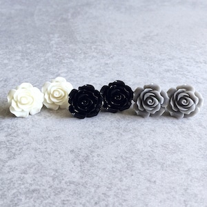 Snow White · Jet Black · Concrete Grey // Rose Stud Earrings - 20mm Resin Flower Cabochons, Stainless Steel Posts, Boho Bridesmaids Jewelry