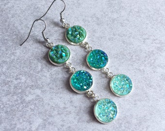 Green Ombre Druzy Earrings - Mint, Sea Foam, Cactus, Teal, Emerald, Glitter Cabochons, Silver, Crystals, Geodes, Bohemian, Bridesmaid Gifts