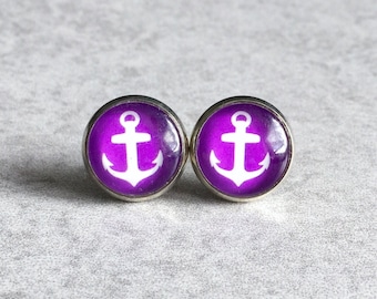 50% OFF: Purple & White Anchor Earrings - 12mm Glass Cabochons, Silver Bezel Trays, Stud Posts, Nautical/Sailor, Sea-Inspired, Orchid, Plum