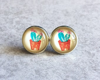 Cactus Stud Earrings - 12mm Glass Cabochons, Shiny Silver Bezels, Desert Plants, Succulents, Flowers, Southwestern, Cacti, Bloom, Boho Chic