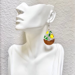 Lemon Drop Earrings with Wood Accents - Cottage Chic, Acrylic Charms, Yellow, Citrus Fruit Jewelry, Lemon Print, Flowers, Silver Wires