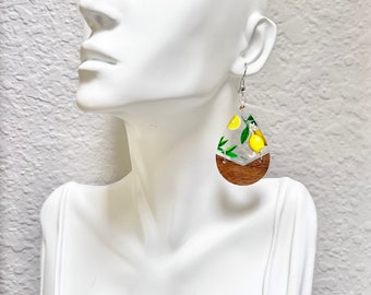 Lemon Drop Earrings with Wood Accents - Cottage Chic, Acrylic Charms, Yellow, Citrus Fruit Jewelry, Lemon Print, Flowers, Silver Wires