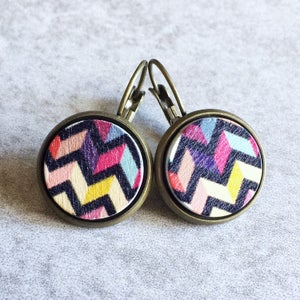 30% OFF: Chevron Striped Wood Earrings - Multi, Rainbow, Antique Bronze Bezels, Leverback Hooks, Stripes, Painted Wood Cabochons, Hipster
