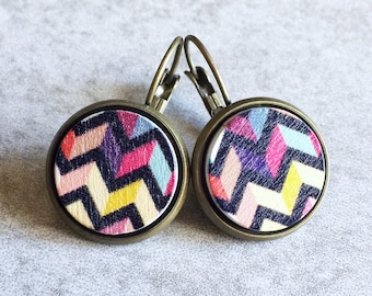 30% OFF: Chevron Striped Wood Earrings - Multi, Rainbow, Antique Bronze Bezels, Leverback Hooks, Stripes, Painted Wood Cabochons, Hipster