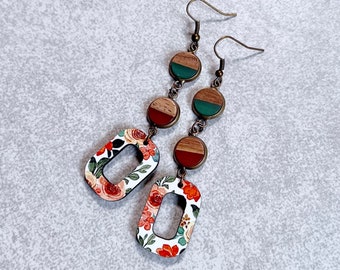 Teal x Coral Floral Wood Charm Earrings - Oval Charms, Acrylic/Wood Cabochons, Antique Bronze, Drop Earrings, Garden Party, Flowers, Boho