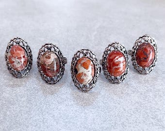 Red Jasper Statement Ring - Antique Silver Filigree Shield, Adjustable Band, Solitaire Rings, Gypsy, Hippie, Sea Sediment Jasper, Boho Chic