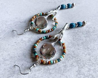 Calla Lily Beaded Hoop Earrings - Plant Charms, Steel Blue Matte Beads, Silver Hoops, Earth Tone Seed Beads, Houseplants, Garden Party