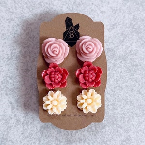 Dusty Pink Roses · Watermelon Pink Peonies · Peach Dahlias // Floral Stud Earrings, Set of 3 - Resin Flower Cabochons, Silver Stud Posts