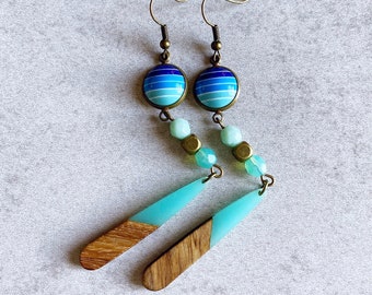 Marine blau Statement Ohrringe - Türkis Holz/Harz Teardrop Charms, Tschechische Glasperlen, antike Bronze Perlen, Ombre/Gradient Cabochons