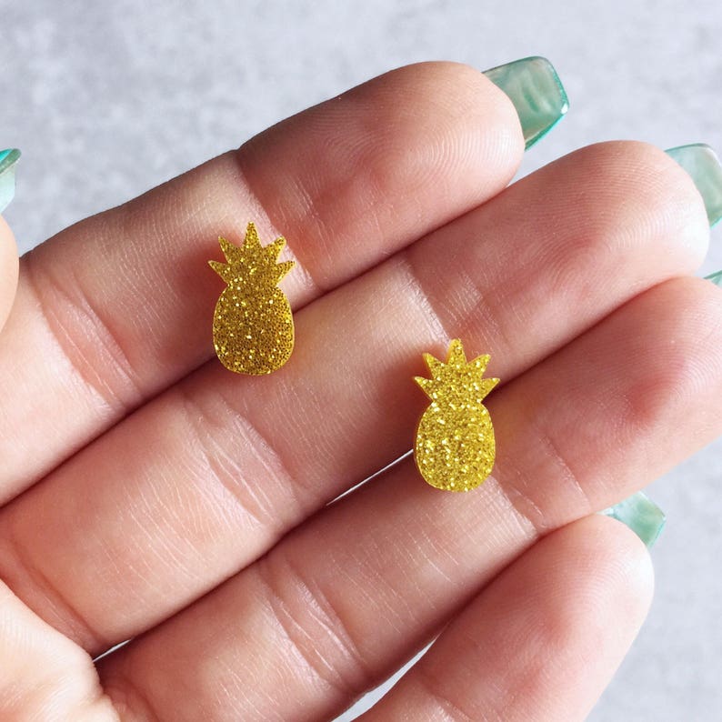 Pineapple Stud Earrings Laser Cut Acrylic Cabochons, Golden Yellow, Tropical Punch, Glitter Studs, Fruity, Hawaiian, Kawaii, Cute Jewelry image 3