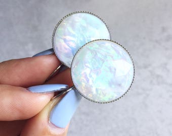 Pearlescent Foil Opal Leverback Earrings - Faceted White Resin Cabochons, Rainbow Shimmer, Silver Bezels, Iridescent 25mm Stones, Sparkly