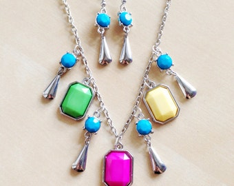 50% OFF: Colorful Bib Necklace & Matching Earrings Set - Silver Chain, Pink, Green, Yellow Charms, Turquoise Blue Teardrops, Bridesmaids