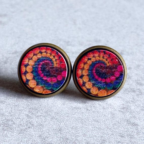Tie-Dye Spiral Stud Earrings - 16mm Wood Cabochons, Antique Bronze Bezels, Stud Posts, Hippie, Boho, Fractals, Colorful, Rainbow, Pride