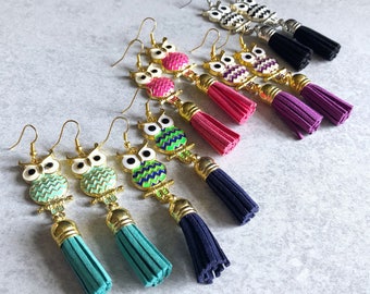 20% OFF: Owl x Tassel Earrings - Multi-Color Chevron Striped Enamel, Stripes, Leather Fringe, Navy Blue, Mint Green, Black, Pink, Purple