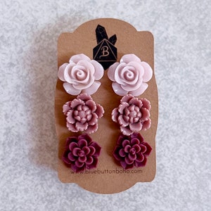 Rosewater Pink ·  Mauve Pink · Wine Red // Floral Stud Earrings, Set of 3 - Peonies, Roses, Lotus Flowers, Succulents, Stainless Steel Posts