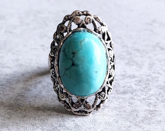 Turquoise Blue Shield Statement Ring - Antique Silver Filigree, Adjustable Band, Aqua, Solitaire Rings, Gypsy, Hippie, Howlite, Boho Chic