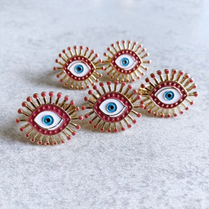 Red Sunburst Evil Eye Statement Ring - Blue & White Eye, Enamel, Resin, Gold Band, Art Deco, Talisman Jewelry, Unique Rings, Boho Chic