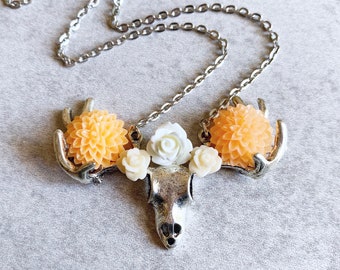 Flower Crown Deer Antler Necklace - Juicy Orange, Pale Peach, Buttercream Yellow, Antlers Charm, Silver Link Chain, Rustic Chic, Boho Chic