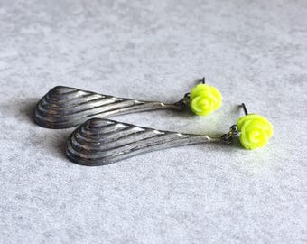 Neon Rose Drop Earrings - Tiny Lemon-Lime Cabochons, Art Deco Antique Silver Teardrop Charms, Stud Posts, Yellow, Green, Resin Flowers