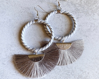 Concrete Grey x White Braided Hoop Earrings - Statement Earrings, Grayscale, Neutral Tones, Silver Ear Wires, Fan Charms, Gypsy, Boho Chic
